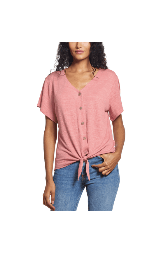 Ladies' Tie Front Top V-Neck Blouse, Rose Heather XS