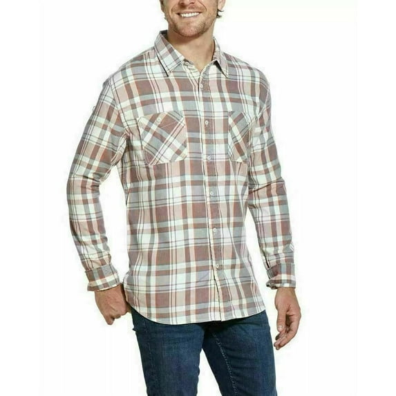 Weatherproof Vintage Men's Burnout Flannel Shirt Plaid Orange Grey Size XL