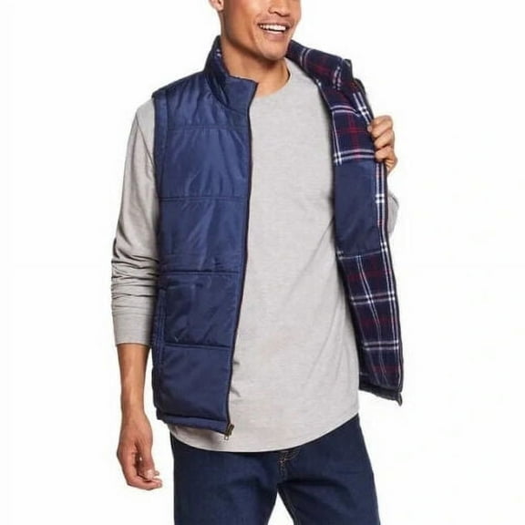Weatherproof Vintage Men's Puffer Flannel Lined Full Zip-Front Insulated Vest Blue Medium