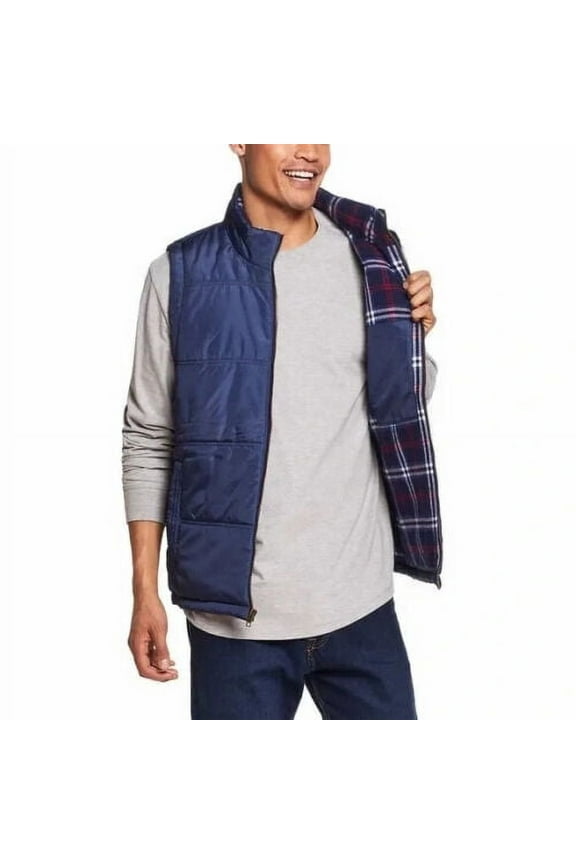 Men's Puffer Flannel Lined Full Zip-Front Insulated Vest Blue Medium