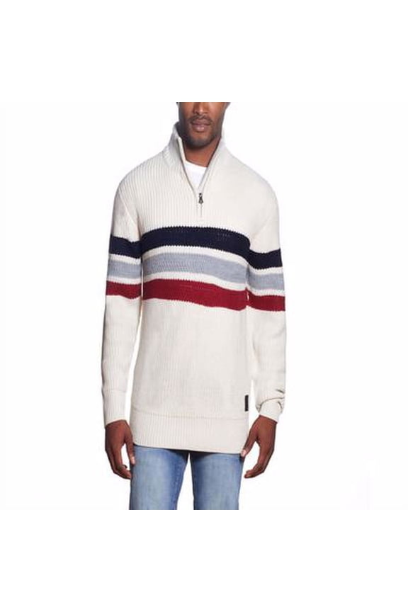 Mens Shaker Stitch Stripe Half Zip Sweater, Ecru, Small