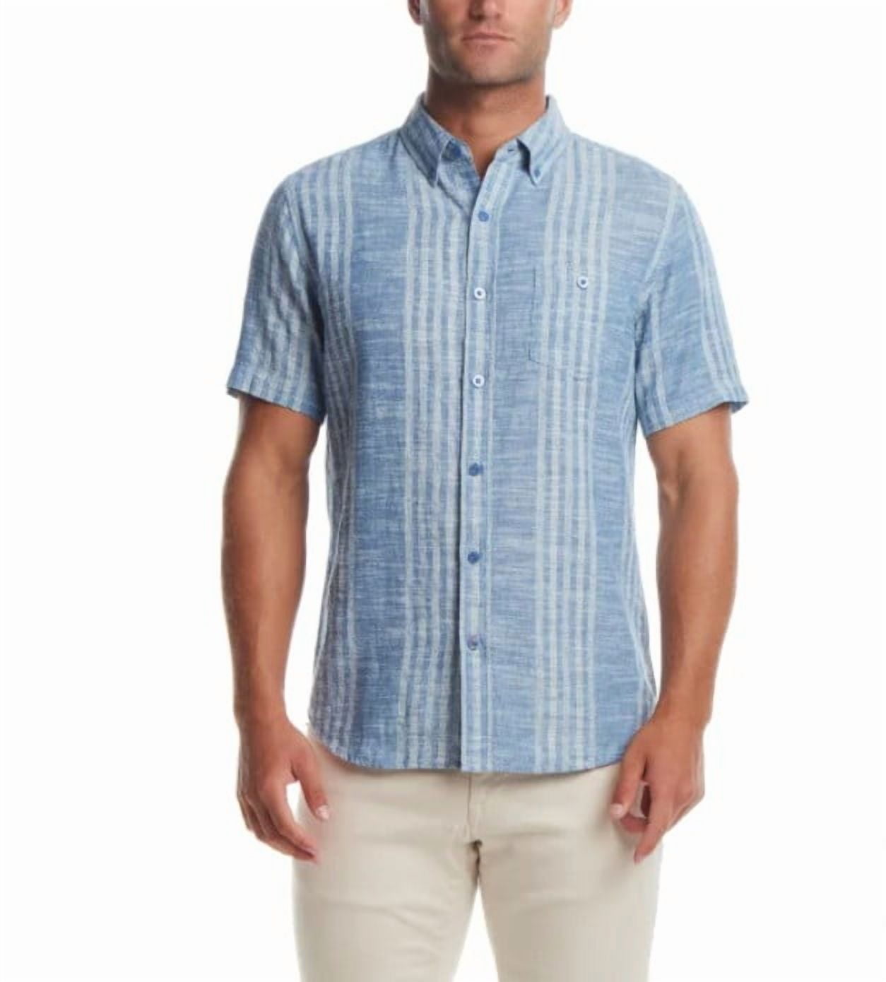 WEATHERPROOF VINTAGE Men's Short Sleeve Linen Cotton Blend Woven Button Down Shirt (US, Alpha, Medium, Regular, Regular, Blue)