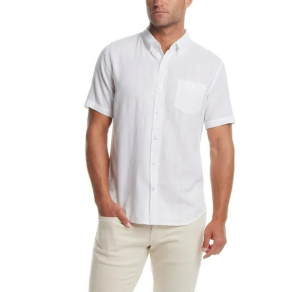 Weatherproof Vintage Men's Short Sleeve Linen Cotton Blend Woven Button Down Shirt (US, Alpha, Small, Regular, Regular, White)