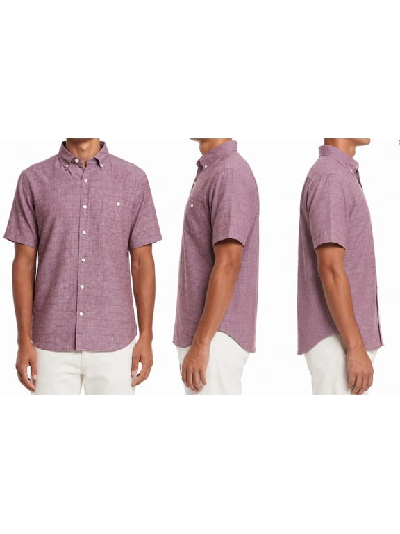 Mens Short Sleeve Linen Blend Woven Button Down Shirt (US, Alpha, Small, Regular, Red)