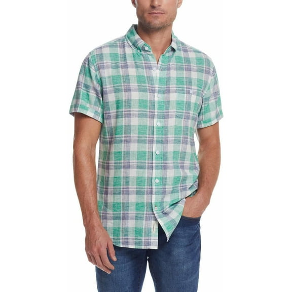 Weatherproof Vintage Mens Short Sleeve Woven Shirt (US, Alpha, Medium, Regular, Regular, Green/Navy Plaid)