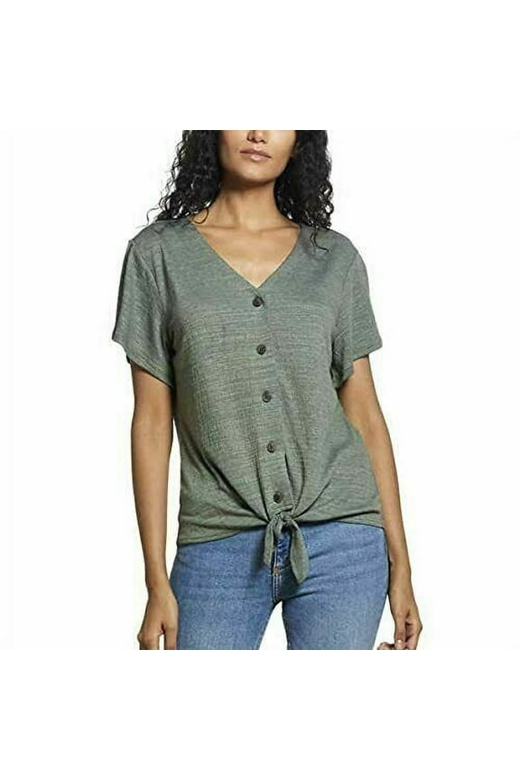 Woman's Tie Front Blouse, Olive Heather XS