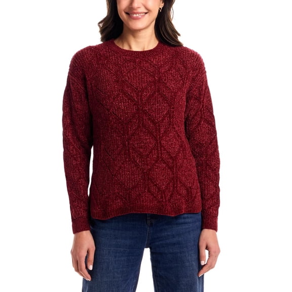 Weatherproof Vintage Women’s Chenille Crewneck Sweater – Soft Textured Knit Pullover with Pointelle Pattern – Midweight (RED/Large)