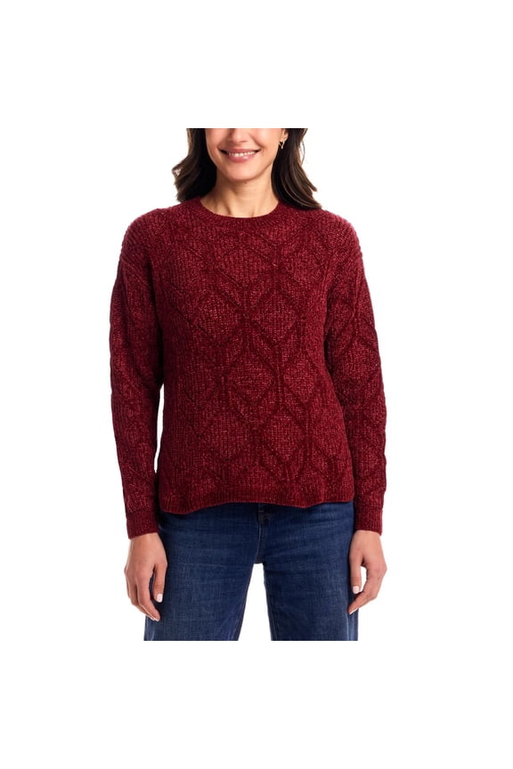 Women’s Chenille Crewneck Sweater – Soft Textured Knit Pullover with Pointelle Pattern – Midweight (RED/Large)