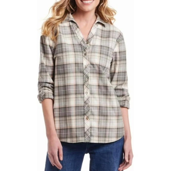Weatherproof Vintage Women's Long Sleeve Button Down Flannel Shirt (US, Alpha, Large, Regular, Regular, Green)
