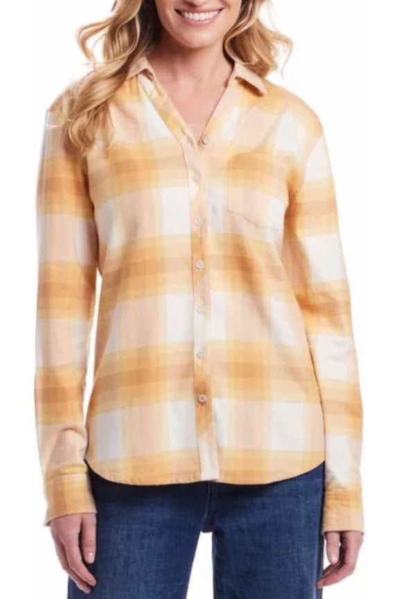Vintage Women's Long Sleeve Button Down Flannel Shirt (US, Alpha, Large, Regular, Regular, Yellow)