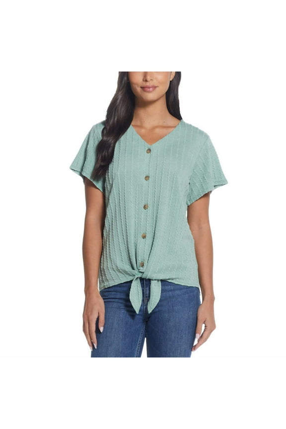 Women's Tie Front T-Shirt V-Neck Braided Knit Top-Green / XL