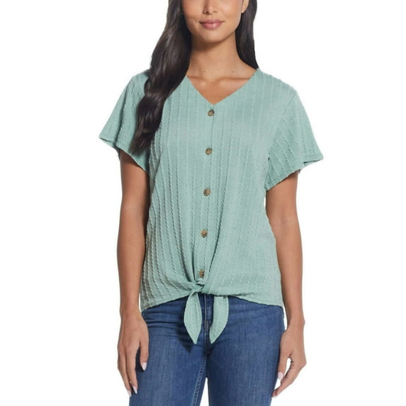 Weatherproof Vintage Women's Tie Front T-Shirt V-Neck Braided Knit Top-Green / XXL