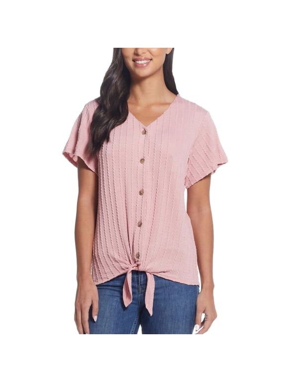 Women's Tie Front T-Shirt V-Neck Braided Knit Top-Pink / L