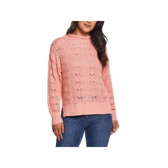 Womens Slub Pointelle Mock Neck Sweater Coral XS