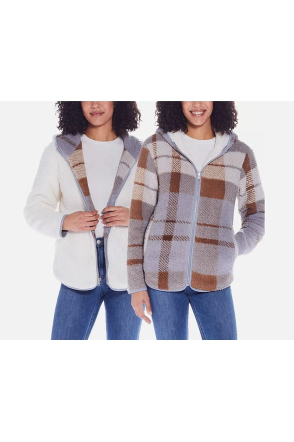 Weatherproof Women Size Large (12/14) Reversible Plush Hooded Jacket, Blue/Brown