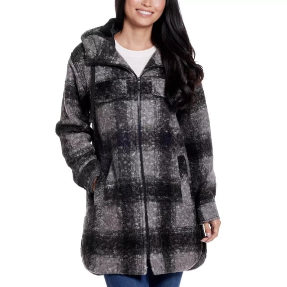 Weatherproof Women's Boucle Hooded Jacket, Black Plaid, Size M