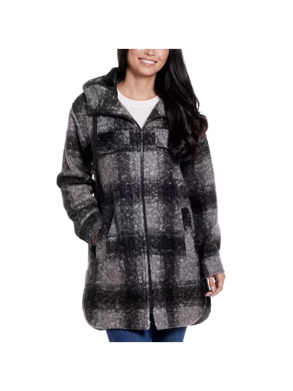 Women's Boucle Hooded Jacket, Black Plaid, Size M