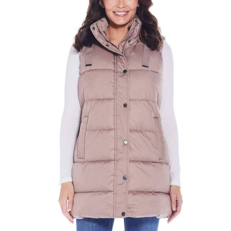 Weatherproof Women s Hooded Puffer Vest Taupe L Walmart