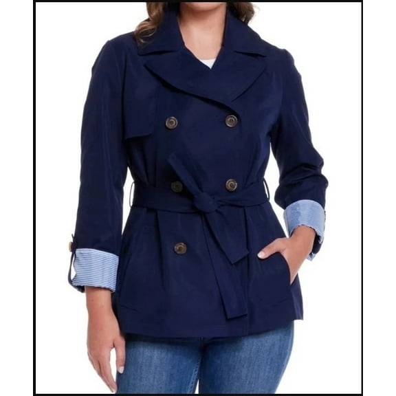 Weatherproof Women's Lightweight Double Breasted Tie Waist Trench Coat, Navy, XS