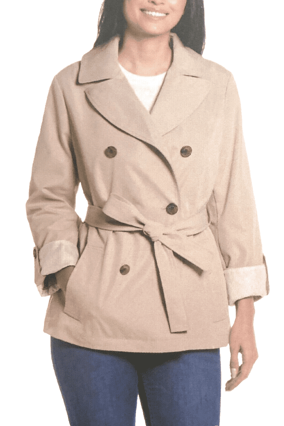 Weatherproof Women's Lightweight Double Breasted Tie Waist Trench Coat, Tan, M
