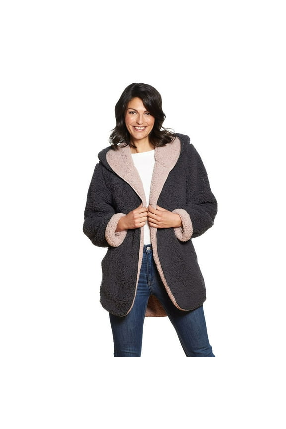 Weatherproof Women's Reversible Cozy Sherpa Hooded Jacket (Charcoal/Blush, Medium/Large)