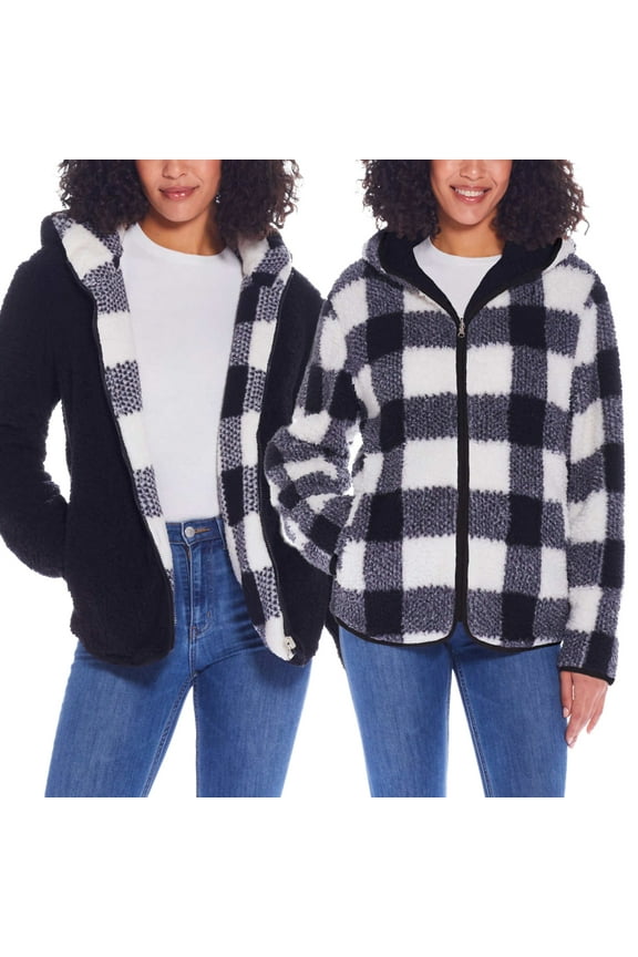 Women's Reversible Ultra Cozy Plush Fleece Plaid Jacket-Black / XXL