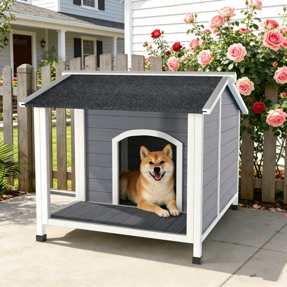 Weatherproof Wooden Outdoor Dog House with Asphalt Roof for Small to Medium Dogs
