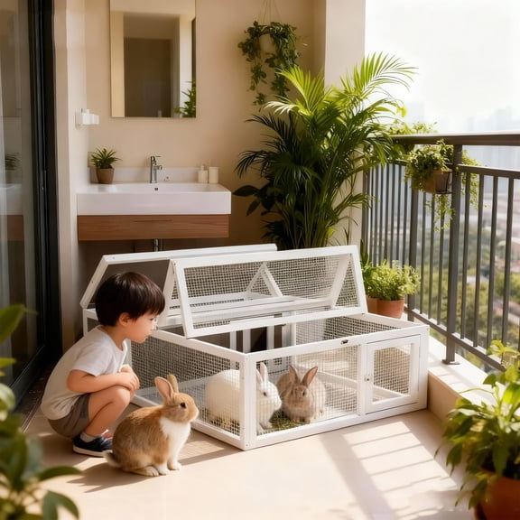 Weatherproof Wooden Rabbit Cage with Large Wire Mesh Activity Area,Yellow with Black