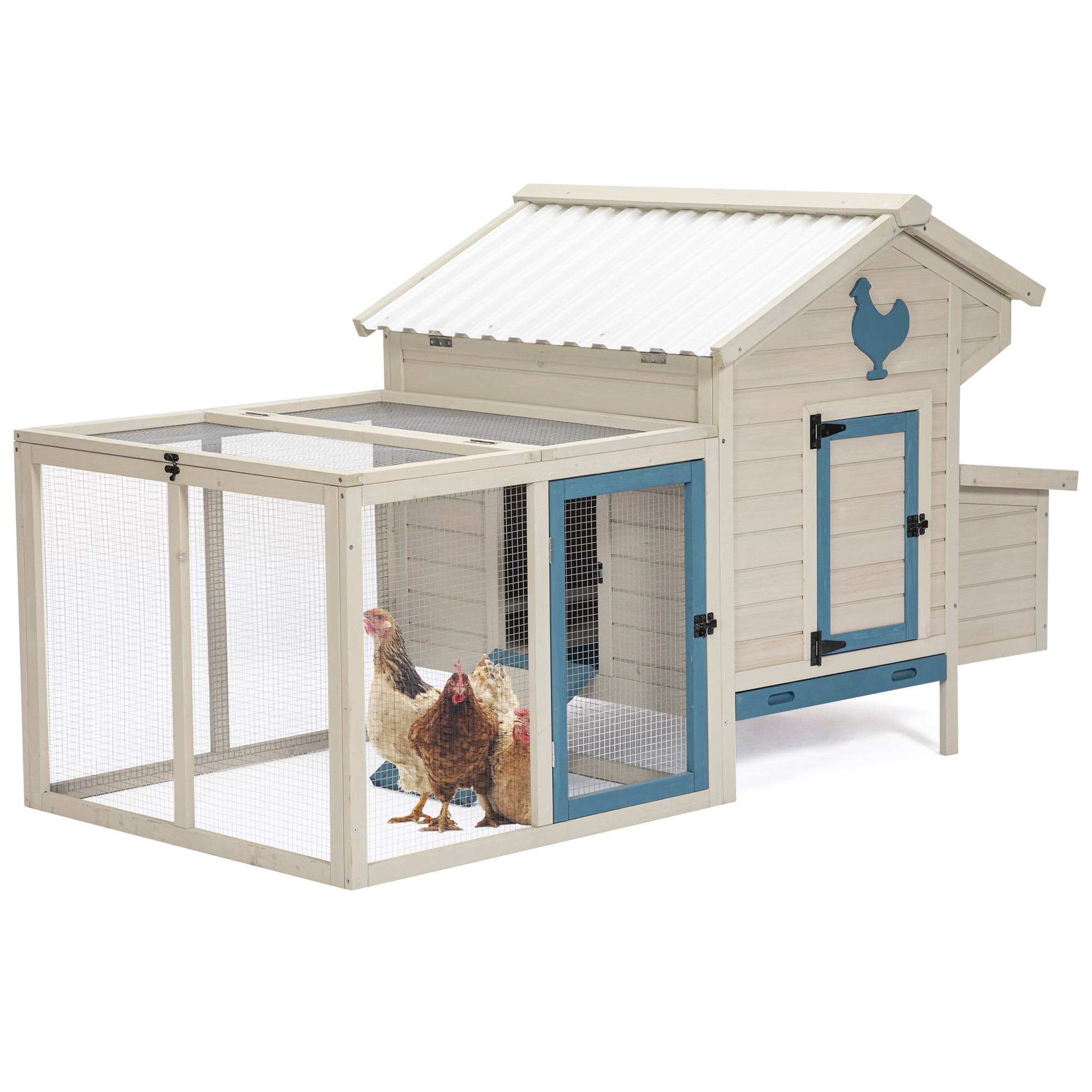 Large Beige and Blue Solid Wood Chicken Coop with Removable Bottom