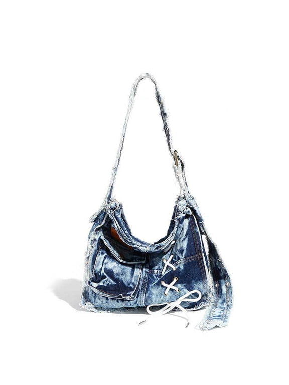 Weave Color-Block Y2K Distressed Denim Tote Crossbody Shoulder Handheld Bag Large Capacity Cool Girl Apocalyptic Style Women Bag in Blue for Daily Outfits