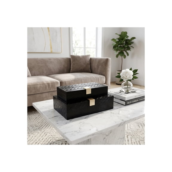 Weave Design Decorative Box for Home Decor - Modern Resin and MDF Storage Boxes for Keepsake and Jewelry - Organizer with Textured Lids and Accents for Living Room - Set of 2, 4", 3", Black & Gold
