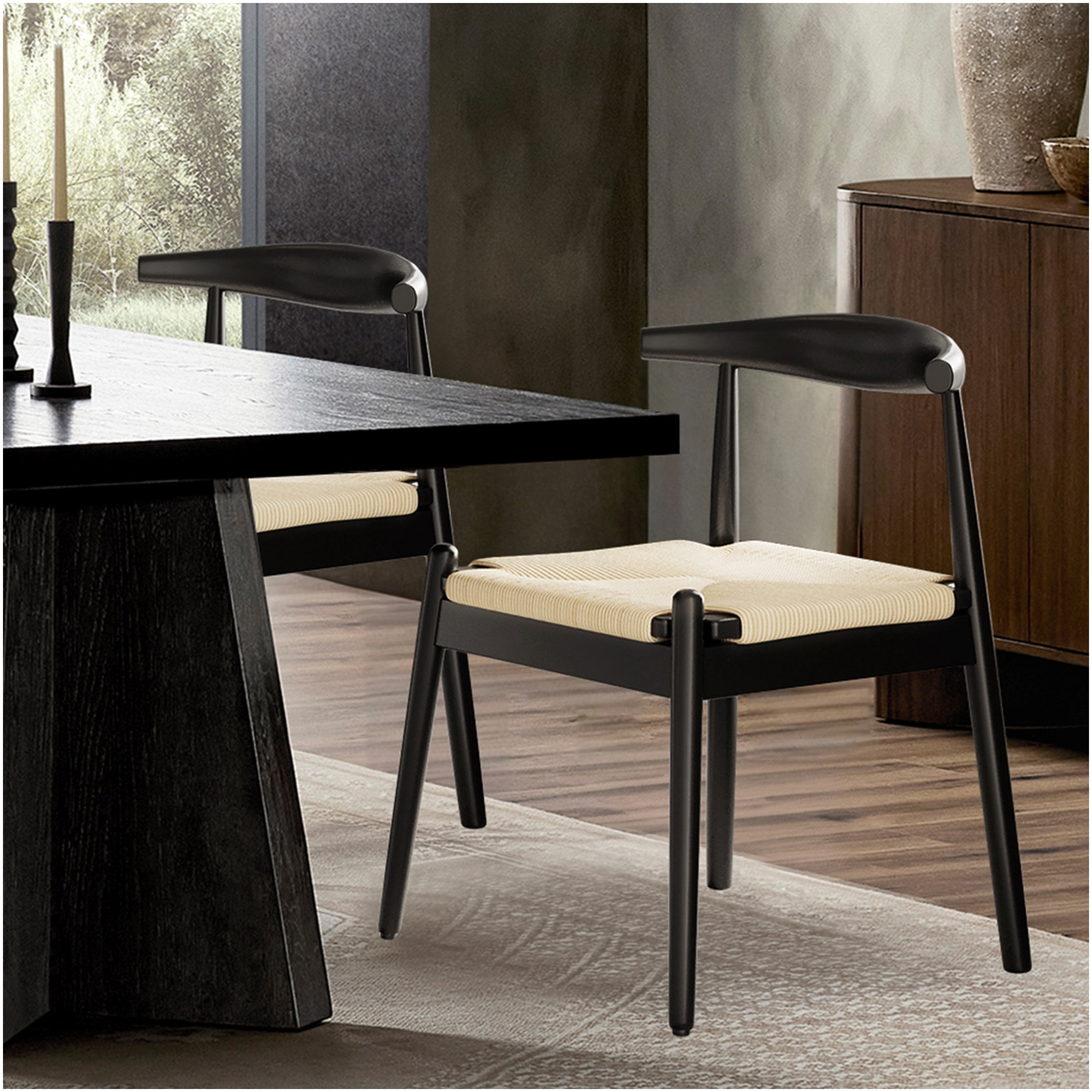 Weave Dining Chairs Set of 2, Mid-Century Modern Oak Frame Kitchen Chairs with Handwoven Paper Cord Seats for Dining Room