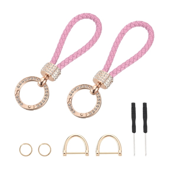 Weave Key Chain Ring Braided Rope Leather Keychain with Rotatable D-ring and Screwdriver Pink/Gold 2