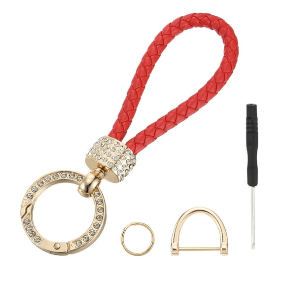 Weave Key Chain Ring Braided Rope Leather Keychain with Rotatable D-ring and Screwdriver Red/Gold 1