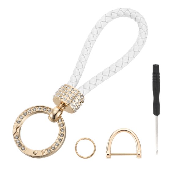 Weave Key Chain Ring Braided Rope Leather Keychain with Rotatable D-ring and Screwdriver White/Gold 1