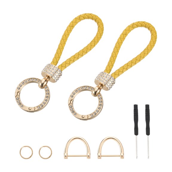 Weave Key Chain Ring Braided Rope Leather Keychain with Rotatable D-ring and Screwdriver Yellow/Gold 2