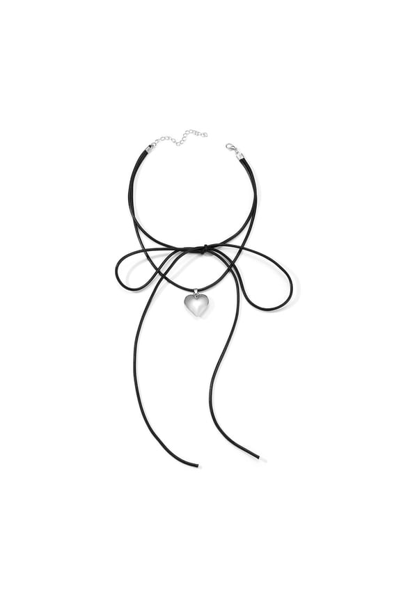 Weave Knotted Bowknot Black Rope Chain Punk Love Heart Pendant Necklace Jewelry for Women Love-Charm Necklace