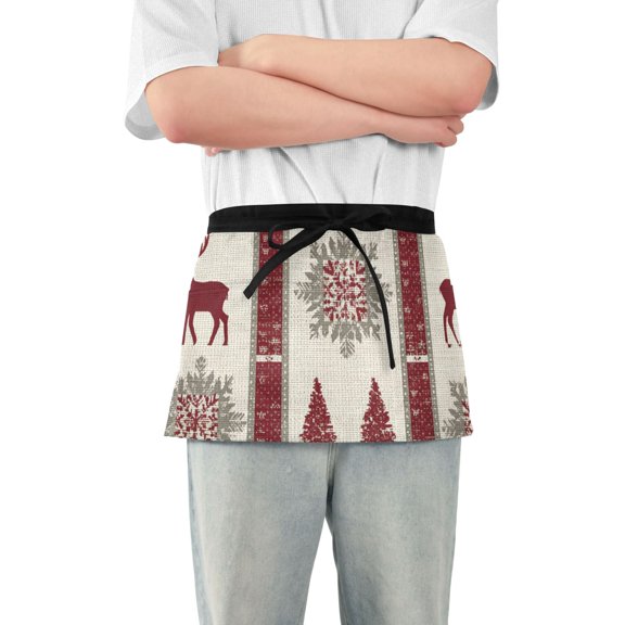 Weave Texture Christmas Tree Snowflakes Deer Short Server Apron with 3 Pockets for Unisex Chef Gardening