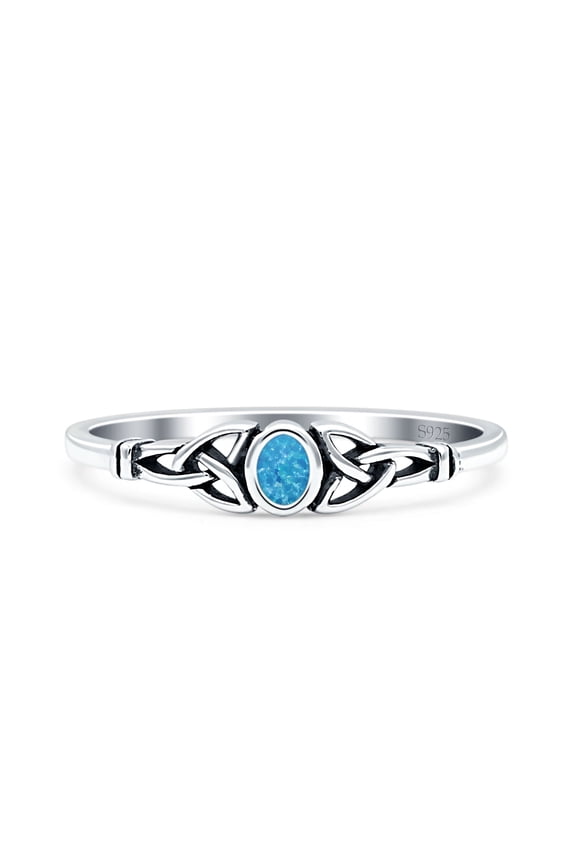 Weave Trinity Celtic Oval Lab-Created Blue Opal Ring Band 925 Sterling Silver Size 7
