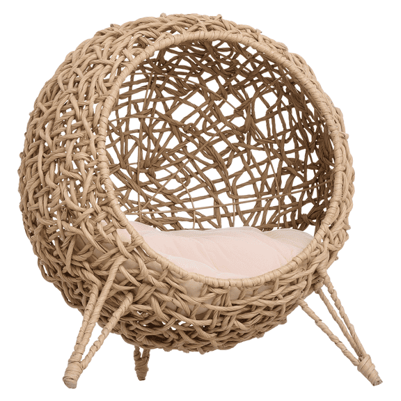 Weaved Cat Bed 20.5", Elevated Banana Leaf Kitten House, Beige with Cushion