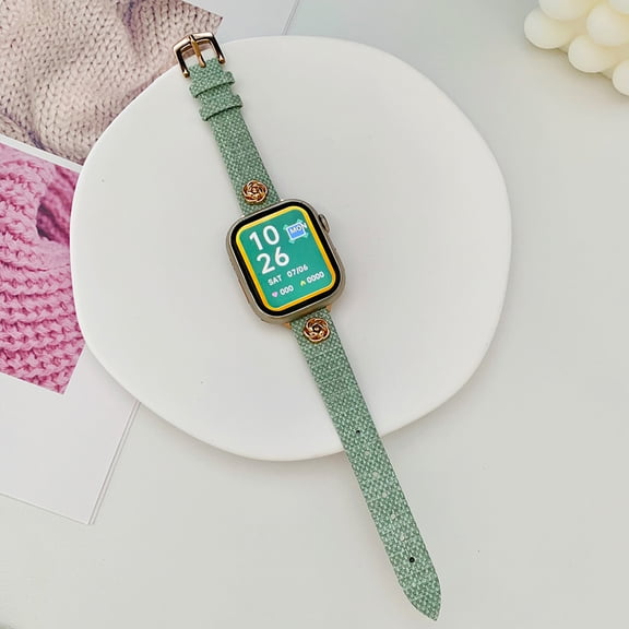 Weaven Texture PU Leather Watch Strap for Apple Watch Band 38mm 40mm 41mm Women and Girls, Watch Replacement Bands with Plating Flower Design for iWatch Series 9/8/7/6/5/4/SE/3/2/1, Green
