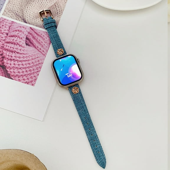 Weaven Texture PU Leather Watch Strap for Apple Watch Band 42mm 44mm 45mm 49mm Women and Girls, Watch Replacement Bands with Plating Flower Design for iWatch Series 9/8/7/6/5/4/SE/3/2/1/Ultra, Blue