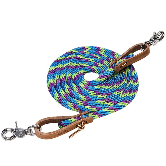 Weaver Leather Soft Poly Roper Reins with Scissor Snaps and Russet Harness Leather Water Loops - 3/8" x 8' Lime Zest/Hurricane Blue/Purple Jazz