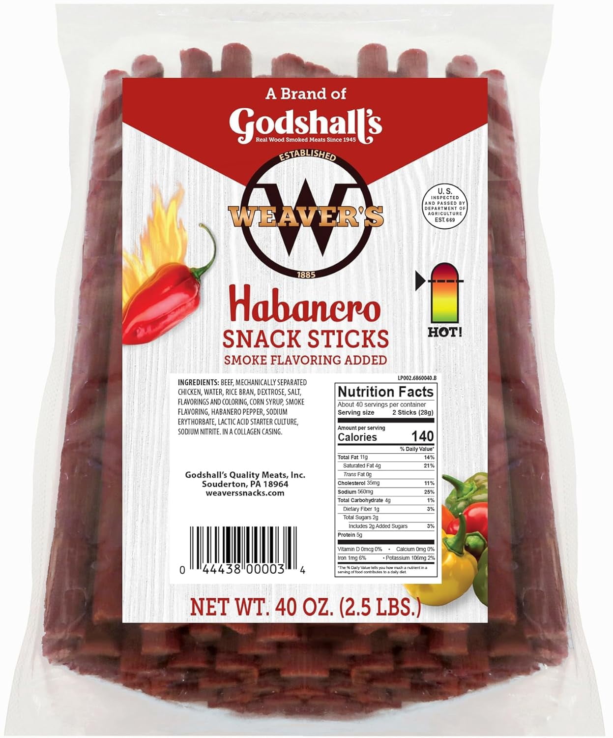 Weaver’s Habanero Snack Sticks (80 spicy 7" beef and chicken snack sticks per 40oz bag)