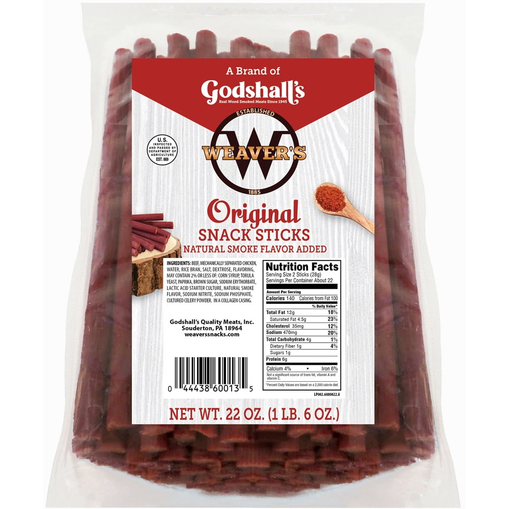 Weaver’s Original Snack Sticks (44 mild flavored 7" beef and chicken snack sticks per 22oz bag)