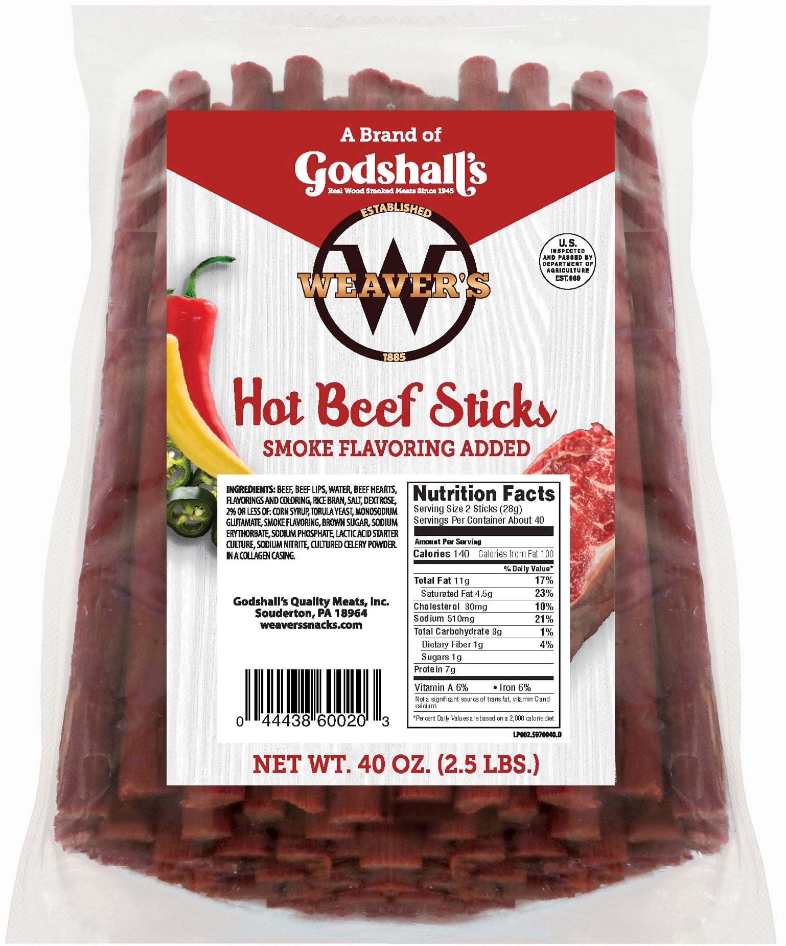 Weavers Hot Beef Sticks 80 Hot and Spicy 6.5 Inch Beef Sticks per 40oz Bag