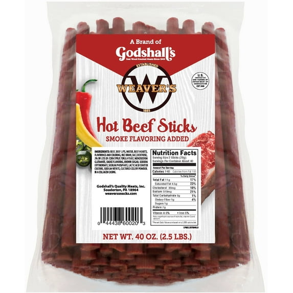Weavers Hot Beef Sticks 80 Hot and Spicy 6.5 Inch Beef Sticks per 40oz Bag