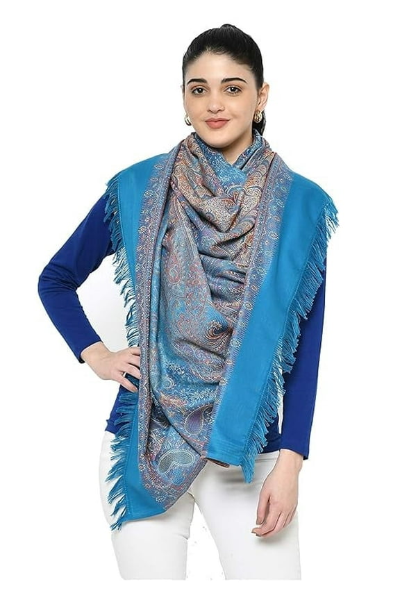 Women's Pashmina Wool Blend Indian Handicraft Woven Shawls, Scarf, Wraps (Large Size: 40" X 80", Blue)