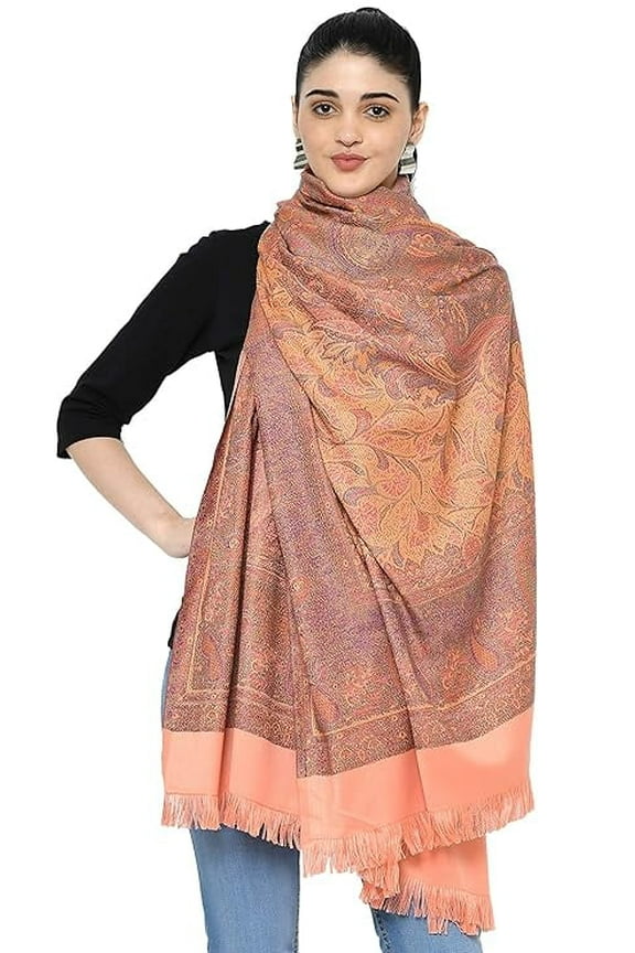 Women's Pashmina Wool Blend Indian Handicraft Woven Shawls, Scarf, Wraps (Large Size: 40" X 80", Peach)
