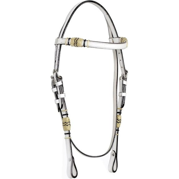 Weaving Craft Hand-Braided White Leather Rawhide Knots Western Headstall Bridle - White Leather with Unique Brow Band Design - (White - Standard)